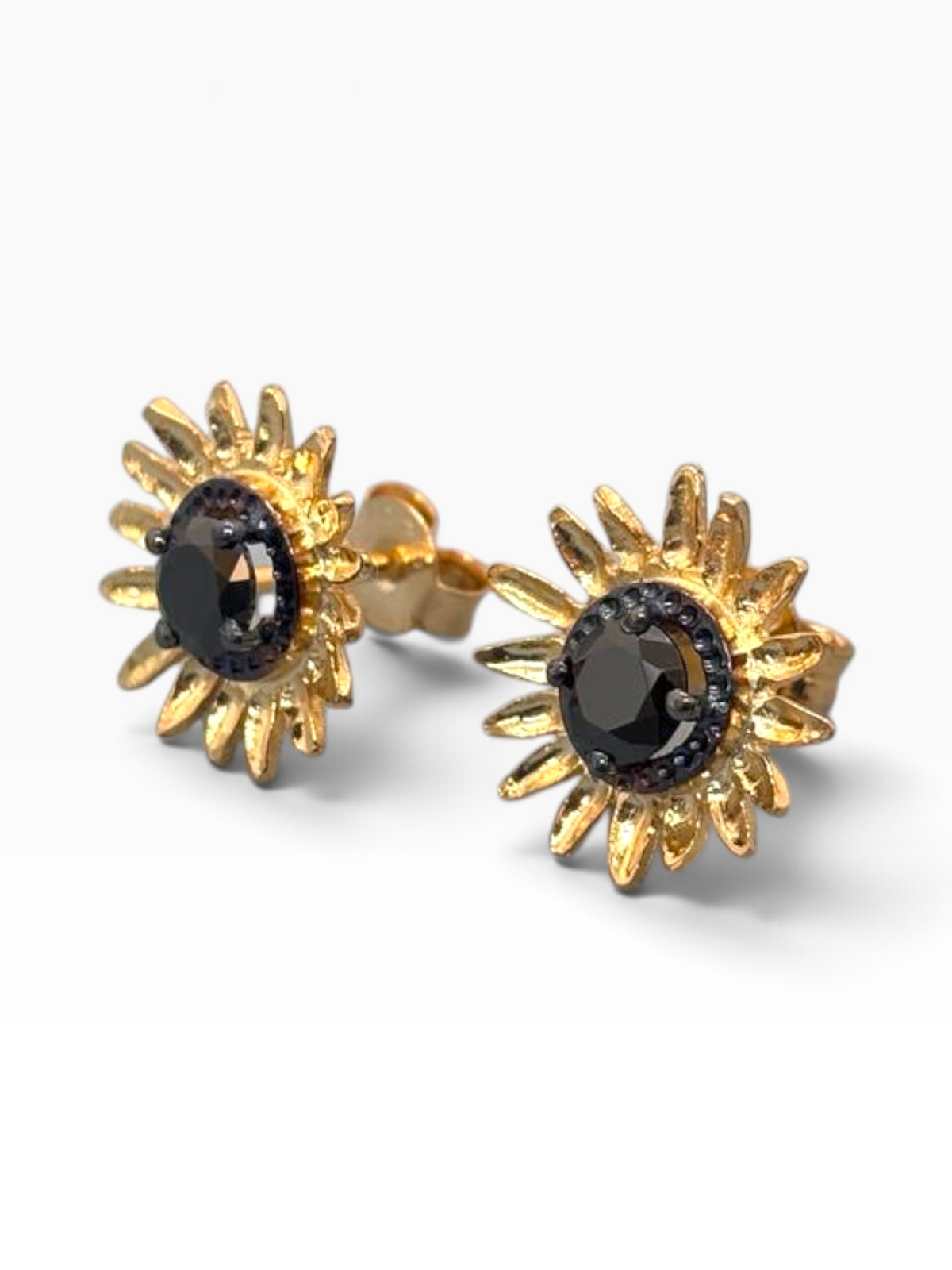 Orecchini Girasole "Sunshine" in Argento 925 Placcato Oro 18K con Zirconi Neri