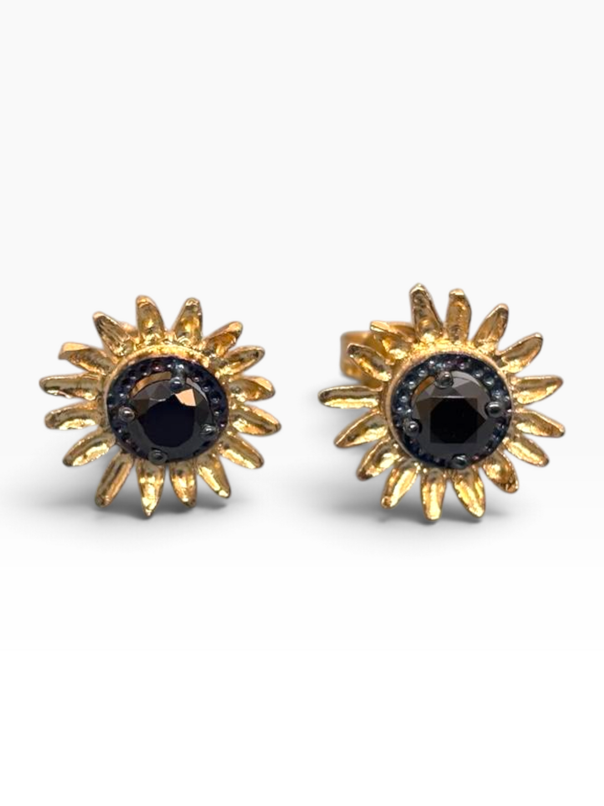 Orecchini Girasole "Sunshine" in Argento 925 Placcato Oro 18K con Zirconi Neri