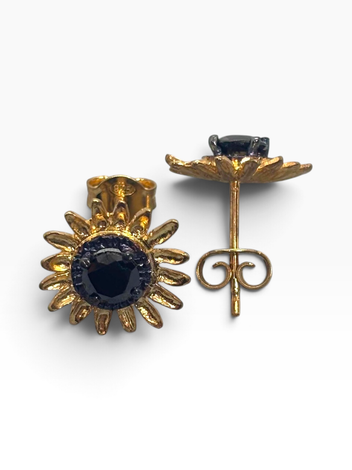 Orecchini Girasole "Sunshine" in Argento 925 Placcato Oro 18K con Zirconi Neri