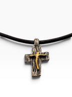 Croce Pendente Bicolore in Argento 925 Brunito e Bronzo con Laccio in Cuoio