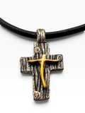 Croce Pendente Bicolore in Argento 925 Brunito e Bronzo con Laccio in Cuoio
