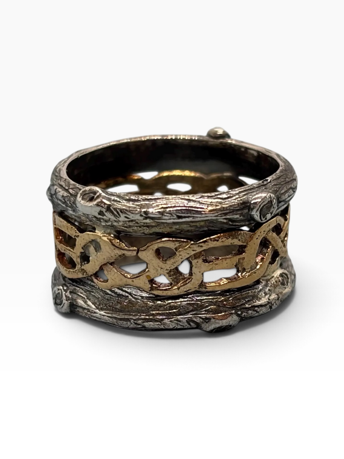 Anello Celtico Bicolore in Argento Brunito ed Elemento Traforato in Bronzo