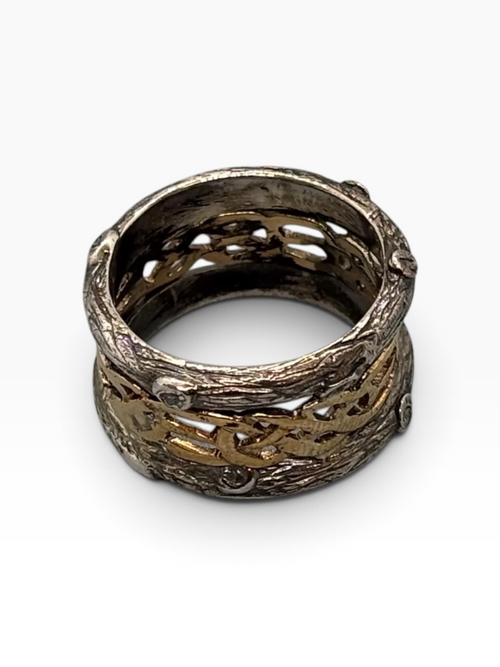Anello Celtico Bicolore in Argento Brunito ed Elemento Traforato in Bronzo