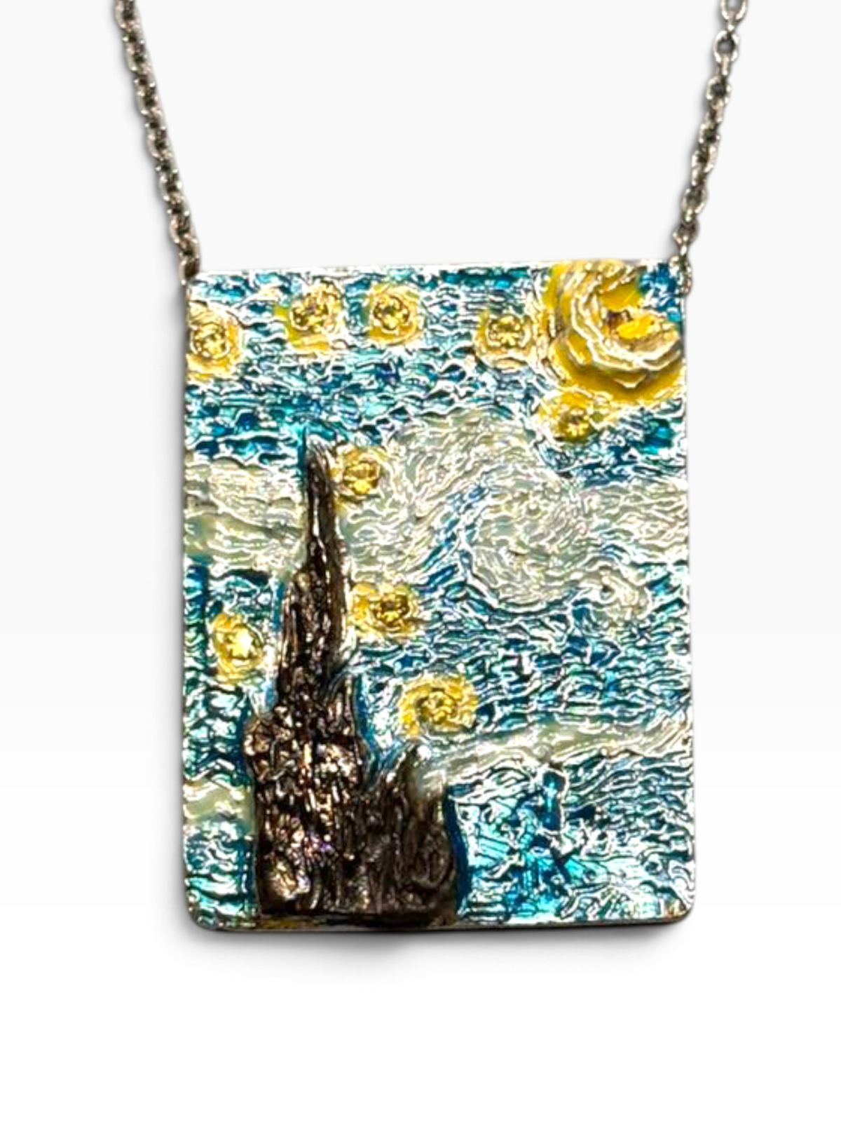 Collana Ciondolo Quadro "Notte Stellata" in Argento 925, Smalto e Zaffiri Gialli