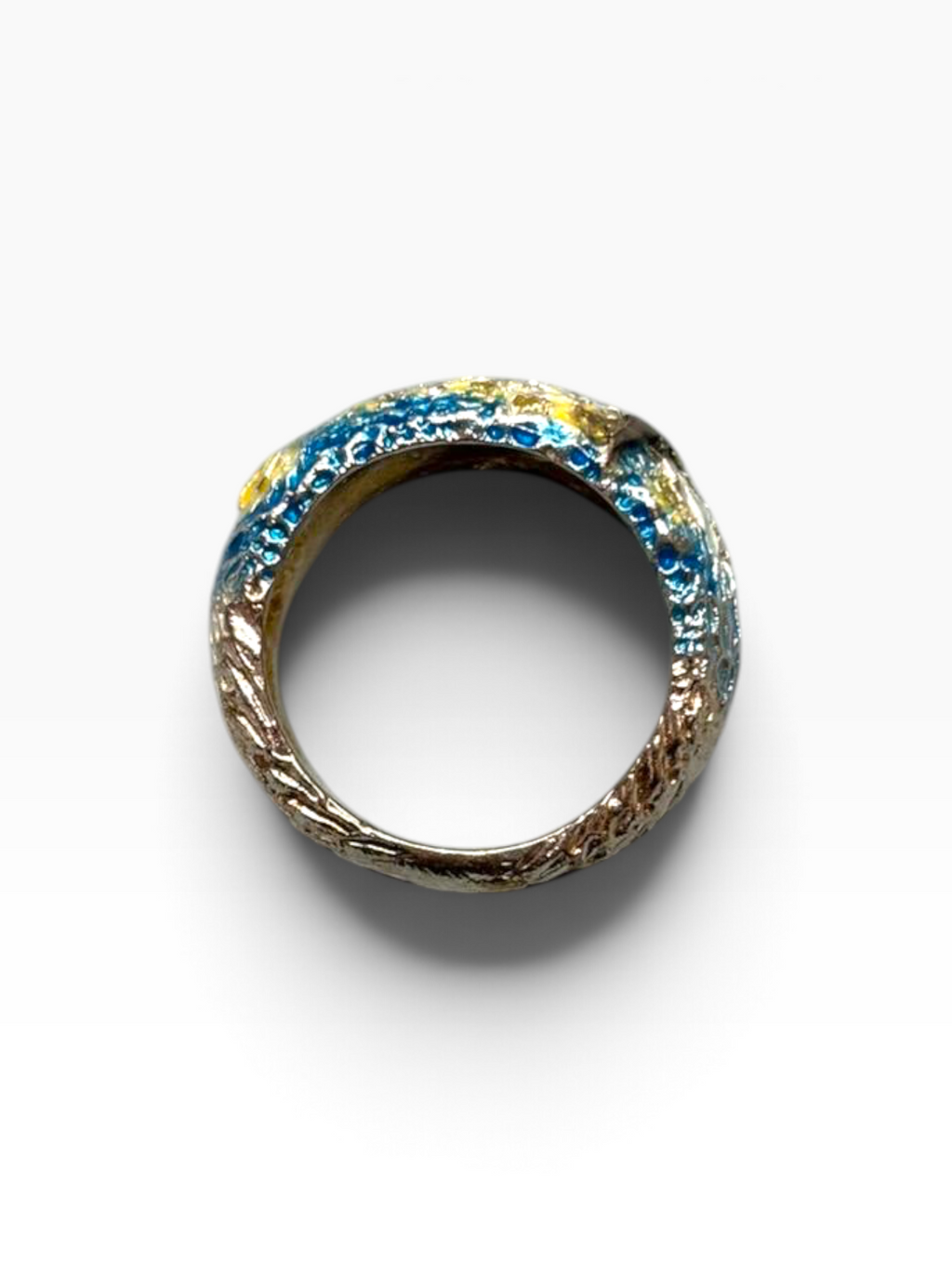 Anello Scultoreo Bombato "Notte Stellata" in Argento 925 Smalto Blu e Zaffiri Gialli